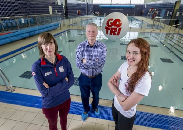Olympian Lucy Hall joins Jenny Vincent and Coun Roger Harington in helping to launch Go Tri at Armley Leisure Centre. Picture by James Hardisty.