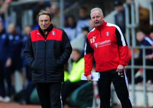 Rotherham United manager, Neil Warnock, left, with Kevin Blackwell
.
 Picture: Jonathan Gawthorpe.