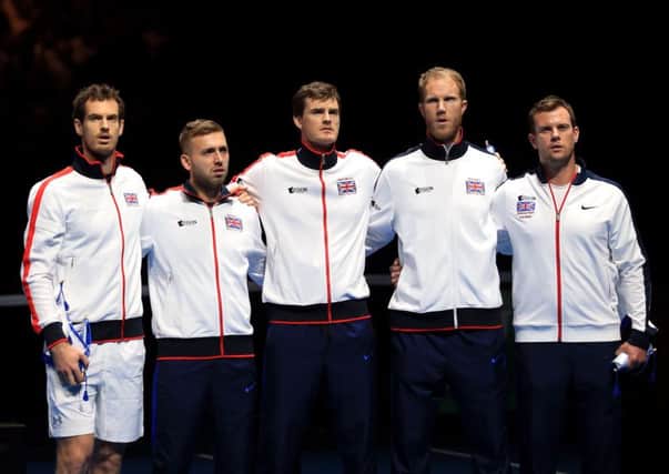 Great Britain's team of (left-right) Andy Murray, Dan Evans, Jamie Murray, Dominic Inglot and Captain Leon Smith