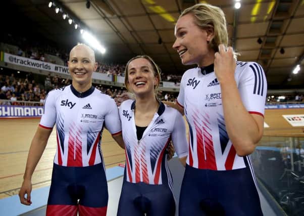 (From left to right) Great Britain's Joanna Rowsell-Shand, Elinor Barker and Ciara Horne after the Women's Team Pursuit during day three of the UCI Track Cycling World Championships at Lee Valley VeloPark, London.