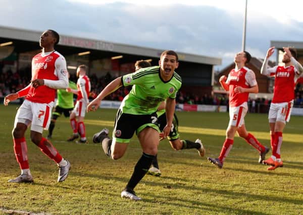 Che Adams of Sheffield Utd celebrates scoring the equalising goal.