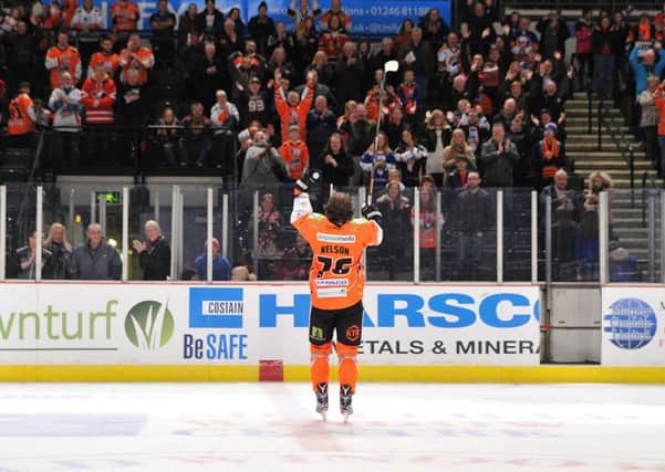 Two-goal hero Levi Nelson, takes the applause from Sheffield Steelers' fans after the 5-2 win against Fife Flyers. Picture: Dean Woolley.