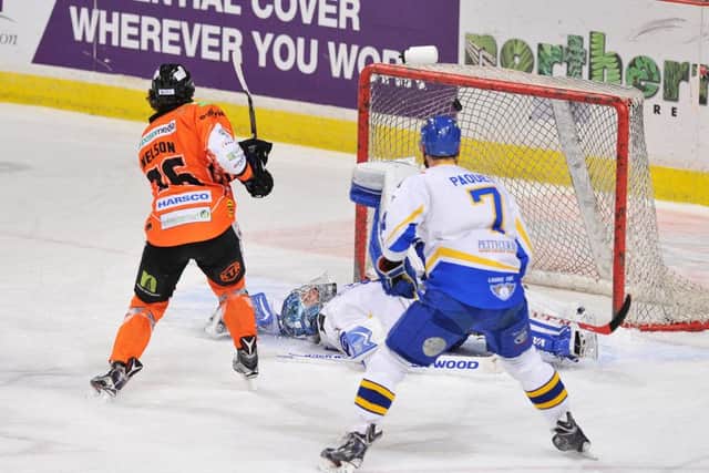 Levi Nelson fires home Sheffield Steelers' first goal against Fife Flyers. Picture: Dean Woolley.