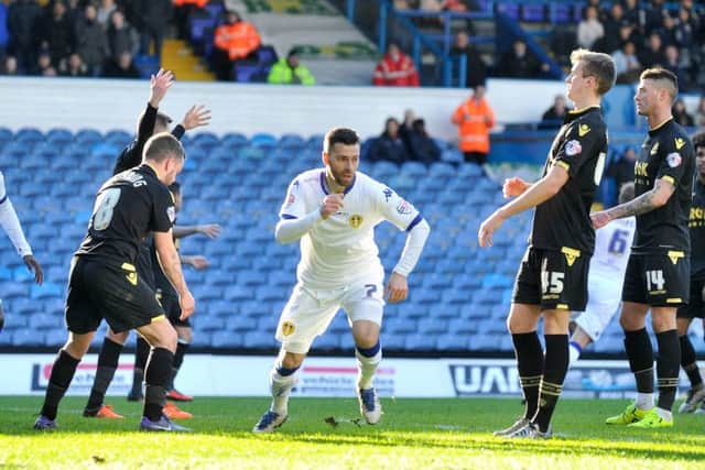 HOW'S THAT FOR STARTERS? Mirco Antenucci turns to celebrate his opening goal against Bolton Wanderers at Elland Road.  Picture: Bruce Rollinson