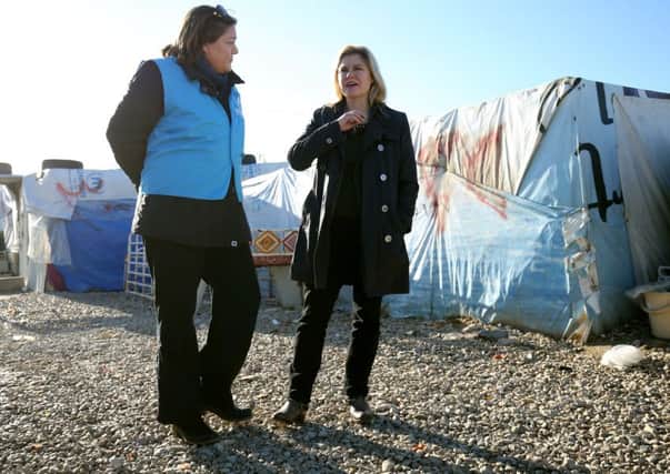 Secretary of State for International Development Justine Greening during a visit to an Informal Tented Settlement occupied by Syrian refuges close to the Syrian boarder in Lebanon, to see how the UK's response and aid is helping the refugee crisis.