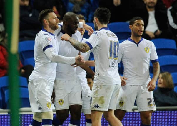 Souleymane Doukara and Leeds celebrate his opening goal.  Picture Bruce Rollinson