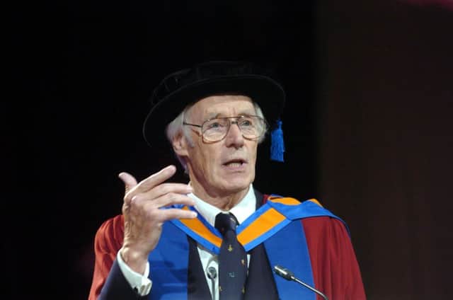 Sir George Martin receives an honoury degree at Leeds Metropolitan University (now Leeds Beckett) in 2006 from Chancellor Brendan Foster