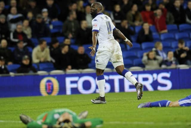 Leeds United's Souleymane Doukara turns to celebrate his opening goal against Cardiff City. (Picture: Bruce Rollinson)