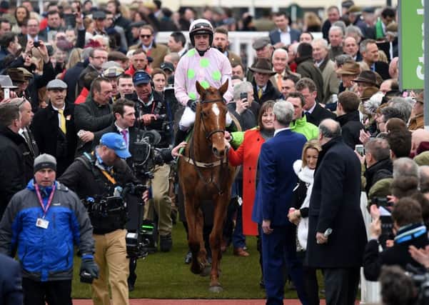 Jockey Ruby Walsh is lead into the winner's enclosure after winning the Stan James Champion Hurdle Challenge Trophy on Annie Power.