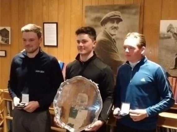 Bernard Darwin Salver winner Cameron Long, centre, flanked by runners-up Rob Burlison and Oliver Clarke (Picture: @TheRyeGolfClub).