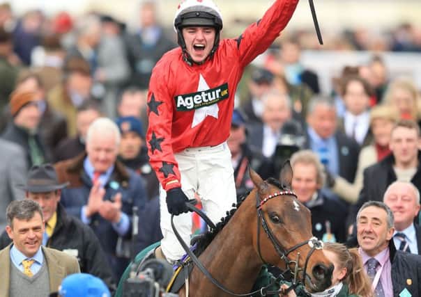 Ryan Hatch after winning the RSA Chase with Blaklion during Ladies Day at the 2016 Cheltenham Festival. Picture: Mike Egerton/PA.