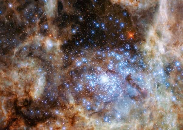 The central region of the Tarantula Nebula in the Large Magellanic Cloud, with a star cluster named R136 at the lower right of the image.