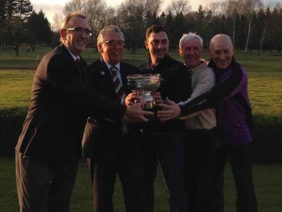 Hessle GC with the East Riding & District of York Golf Alliance trophy, l-r: Allan Carlton (Driffield captain), Neil Muir (Hessle captain), Dave Woodhead (Hessle assistant professional), Rod Shimwell and Charlie Fountain.