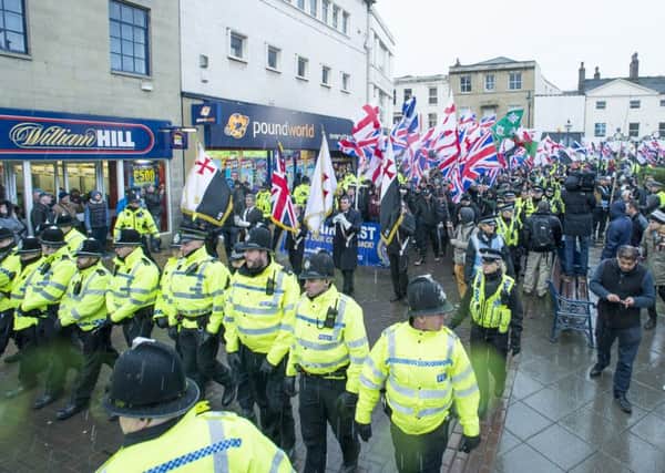 Police at a Britain First rally in Dewsbury.