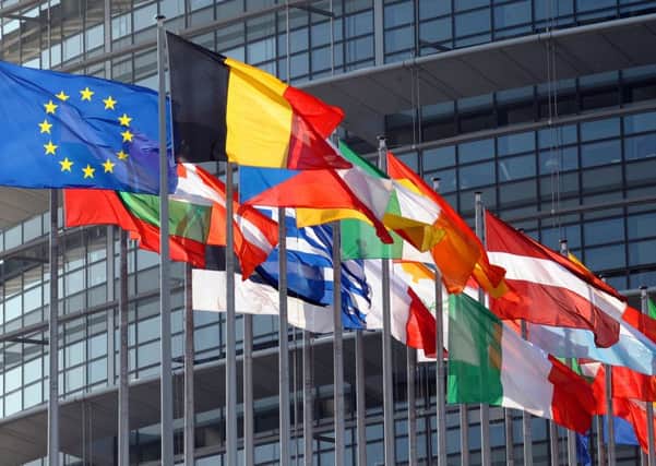 Flags outside the European Parliament.