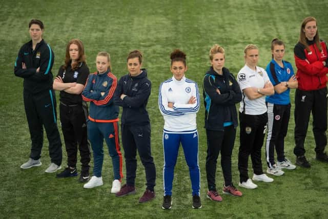 Stars from The FA Womens Super League (FA WSL) clubs gathered at St. Georges Park to celebrate the launch of its sixth season. Players are, from left to right; Manchester City Women  Marie Hourihan; Birmingham City Ladies  Aoife Mannion;  Sunderland AFC Ladies  Beth Mead; Arsenal Ladies FC - Jemma Rose; Chelsea Ladies FC  Jade Bailey; Doncaster Rovers Belles  Natasha Dowie; Notts County Ladies FC  Carly Telford; Reading FC Women  Amber Keegan-Stobbs; Liverpool Ladies FC  Siobhan Chamberlain.