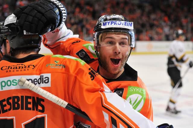 Ben O'Connor celebrates his strike for Steelers' fourth goal of the night against Nottingham Panthers. Picture: Dean Woolley.