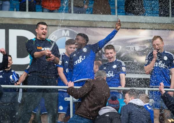 FC Halifax Town players celebrate reaching Wembley in the FA Trophy final (Picture: Bruce Fitzgerald).