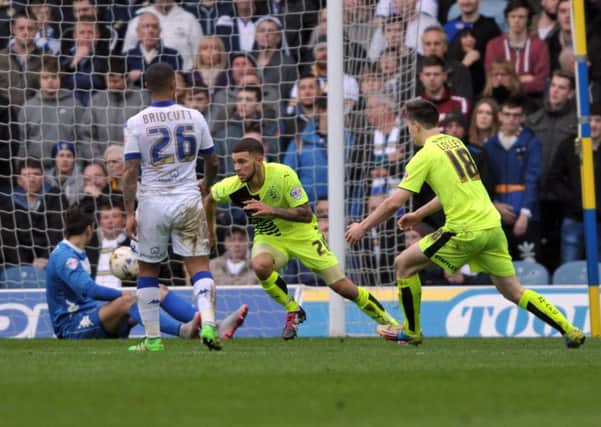 NICE GOING: Nahki Wells celebrates scoring Huddersfield Town's fourth goal  against Leeds United at Elland Road on Saturday.  Picture: Tony Johnson