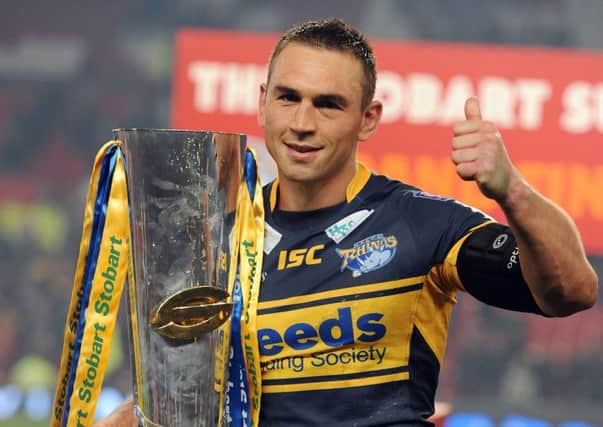 Leeds Rhinos' Kevin Sinfield with the Super League trophy.