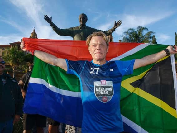 Eddie Izzard completed his 27th marathon in 27 days in South Africa today.