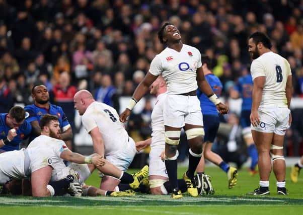 Delight is written all over the face of Englands Maro Itoje as he celebrates at the final whistle in Paris (Picture: Andrew Matthews/PA Wire).