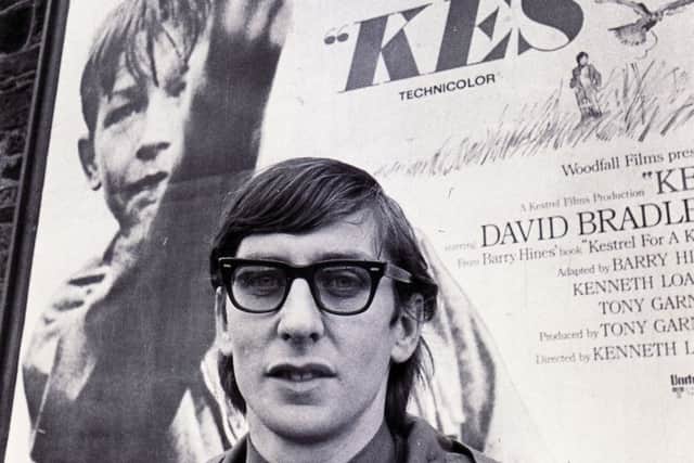 Barry Hines in front of a poster for Kes, April 1970.