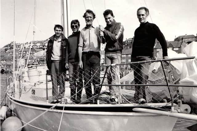 The crew on board Ambition II just before it left Whitby on its epic voyage.