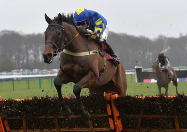 Mr Moonshine, ridden by Danny Cook, clears the last fence on the way to winning the Pertemps Network Handicap Hurdle at Haydock in February (Picture: Anna Gowthorpe/PA Wire).