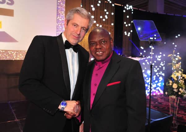 14 October 2015.......   Archbishop Dr John Sentamu ad Justin Webb at the Yorkshire Post Excellence in Business awards at The Queens Hotel  in Leeds. Picture Tony Johnson