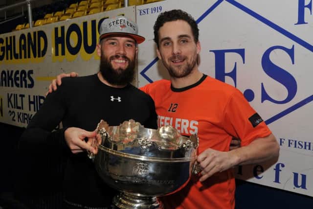 Sheffield Steelers' Jason Hewitt, left, and Jeff LEgue, with the Elite League Championship trophy. Picture: Dean Woolley.