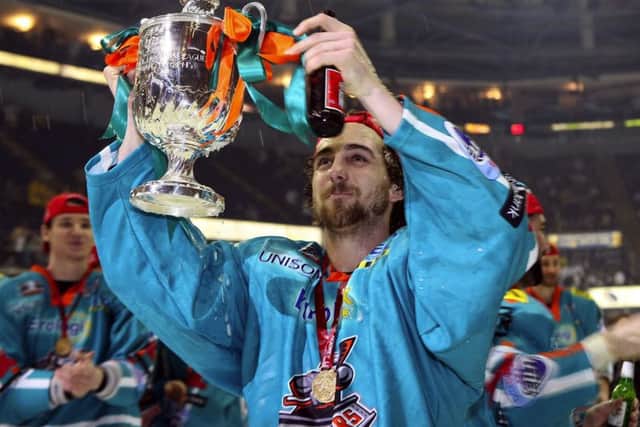 Jeff Legue celebrates one of three play-off successes with Sheffield Steelers.