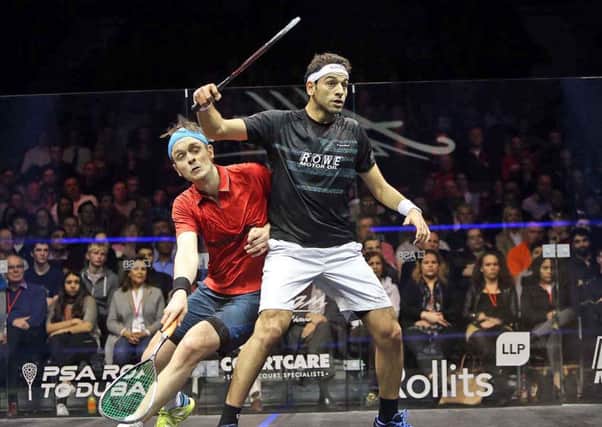 James Willstrop battles with top seed Mohamed Elshorbagy in Hull on Thursday. Picture courtesy of squashpics.com
