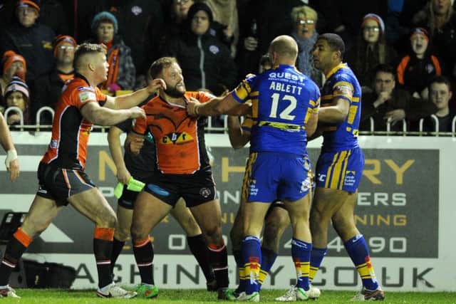FLASHPOINT: Tempers flare between Castleford's Paul McShane and Leeds Rhinos' Carl Ablett. 
Picture: Jonathan Gawthorpe.