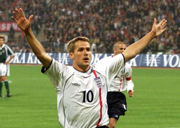England's Michael Owen celebrates scoring the equaliser against Germany before going on to net a hat-trick in September, 2001