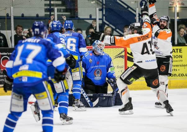Guillaume Desbiens (No 41) celebrates his late goal for Sheffield Steelers in the first leg of their play-off quarter-final at Coventry. Picture: Scott Wiggins.