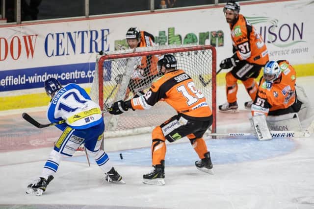 PERFECT START: Russ Cowley (No 17) puts Coventry Blaze ahead in Sheffield on Sunday night, his team eventually winning 8-6 on aggregate. Picture: Scott Wiggins.