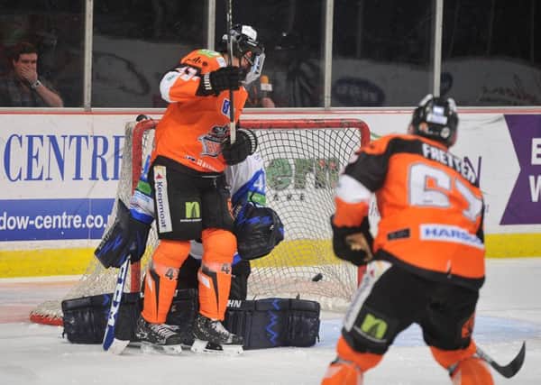 Colton Fretter (No 67), fires in Steelers' third goal past an unsighted Brian Stewart. Picture: Dean Woolley.