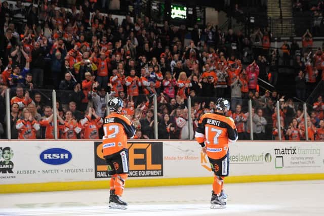 FARWELL: Jeff Legue and Jason Hewitt bid an emotional farewell to the Steelers' fans after play-off defeat to Coventry Blaze. Picture: Dean Woolley.