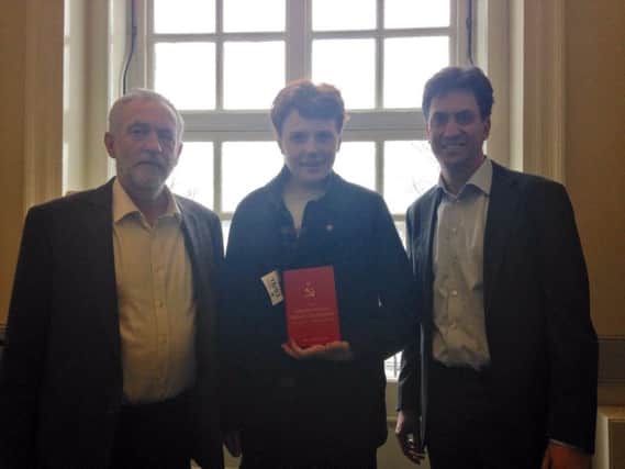 Twitter picture of Max Edwards with Jeremy Corbyn and Ed Miliband