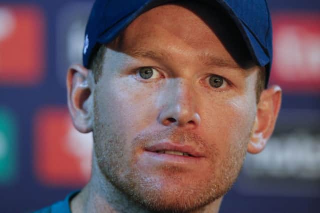 England captain Eoin Morgan in Tuesday's press conference ahead of his team's World Twenty20 semi-final against New Zealand. Picture: AP/Tsering Topgyal.