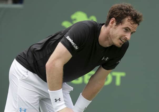 Andy Murray, of Great Britain, leans on his racket during his match against Grigor Dimitrov. (AP Photo/Lynne Sladky)