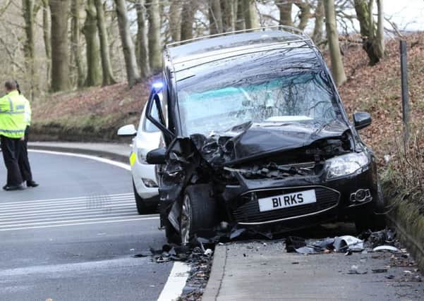 The scene near Stocksbridge, South Yorkshire, where a crash between a hearse and a car closed the A616 in both directions this afternoon. Picture: Ross Parry Agency