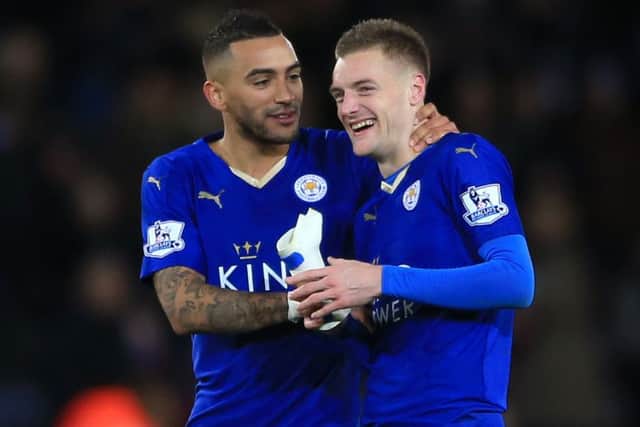 Leicester City's Jamie Vardy (right) and Danny Simpson celebrate