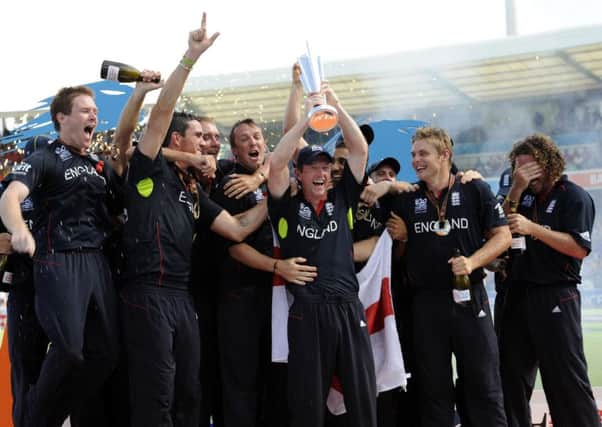 England captain Paul Collingwood lifts the trophy as his side celebrate winning the ICC World Twenty20 final at the Kensington Oval, Bridgetown back in 2010 (Picture: Rebecca Naden/PA Wire).