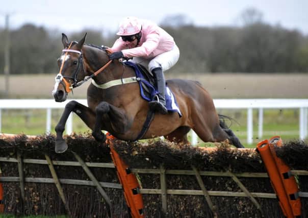 Danny Cook jumping the last fence on El Massivo and taking victory in the the 4.25 at Wetherby. (Picture: Bruce Rollinson)