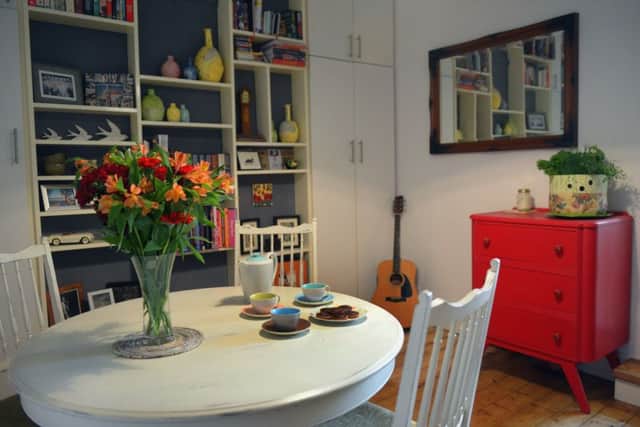 The dining room table was free from a neighbour and the red drawers were from a vintage fair.