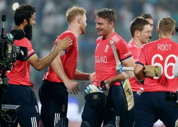 England players celebrate after defeating New Zealand in the WT20 semi-final. Picture: AP/Manish Swarup