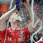 Sam Winnall celebrates Barnsley's victory at Wembley. (Picture by Tony Johnson)