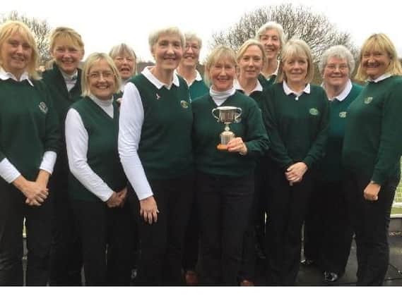 A few of the ladies who helped Moortown retain their Winter Alliance trophy, l-r: Sue Rogerson, Beverley Burrows, Sue Winn, Liz Boldy, Christine Mannion, Patsy 
Mannion, lady captain Didi Powers, Glenys Smart, Susan Mannion, lady vice captain Glynis Webster, Beryl Pickering and Fiona Stoddard.